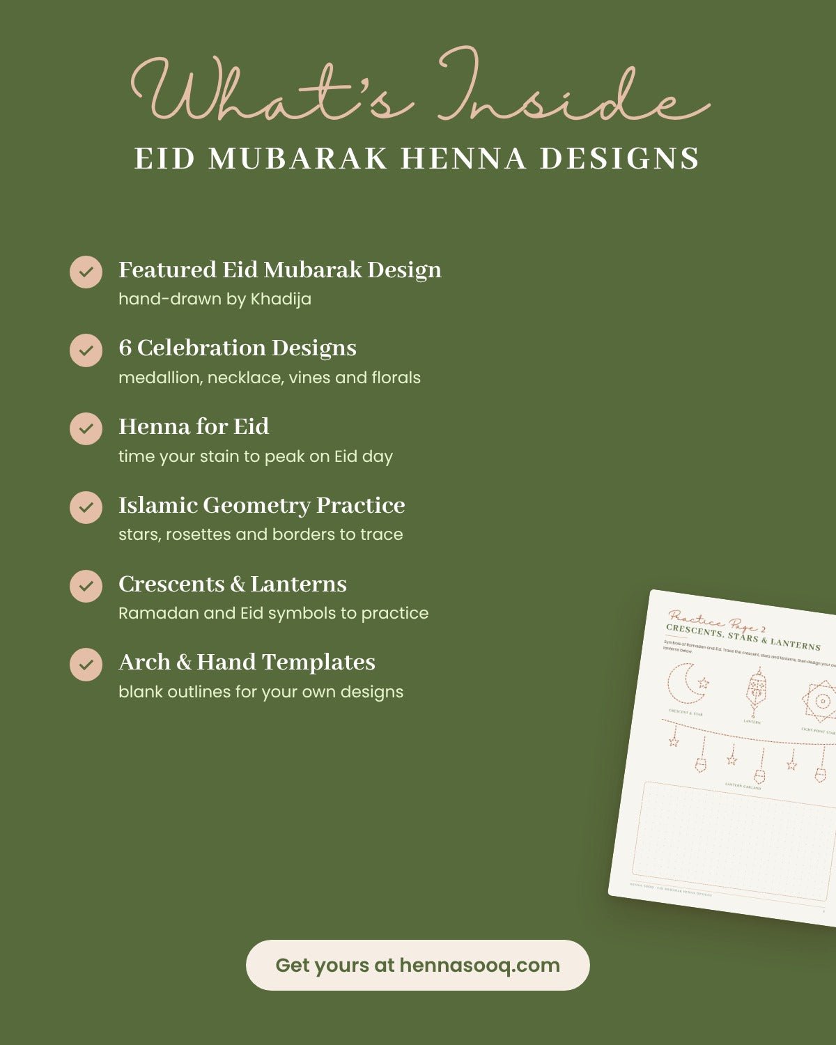 Eid Mubarak Henna Designs: 7 Hand-Drawn Designs & Islamic-Inspired Practice Pages (Free eBook) - Henna Sooq