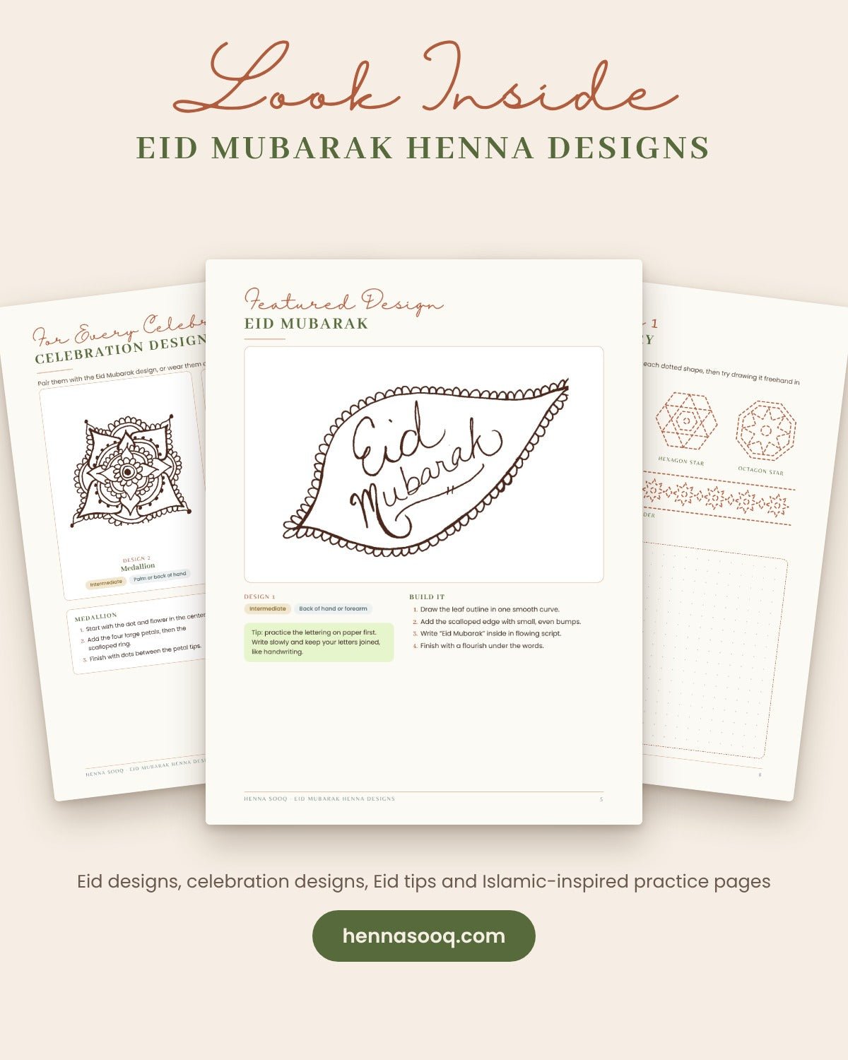 Eid Mubarak Henna Designs: 7 Hand-Drawn Designs & Islamic-Inspired Practice Pages (Free eBook) - Henna Sooq