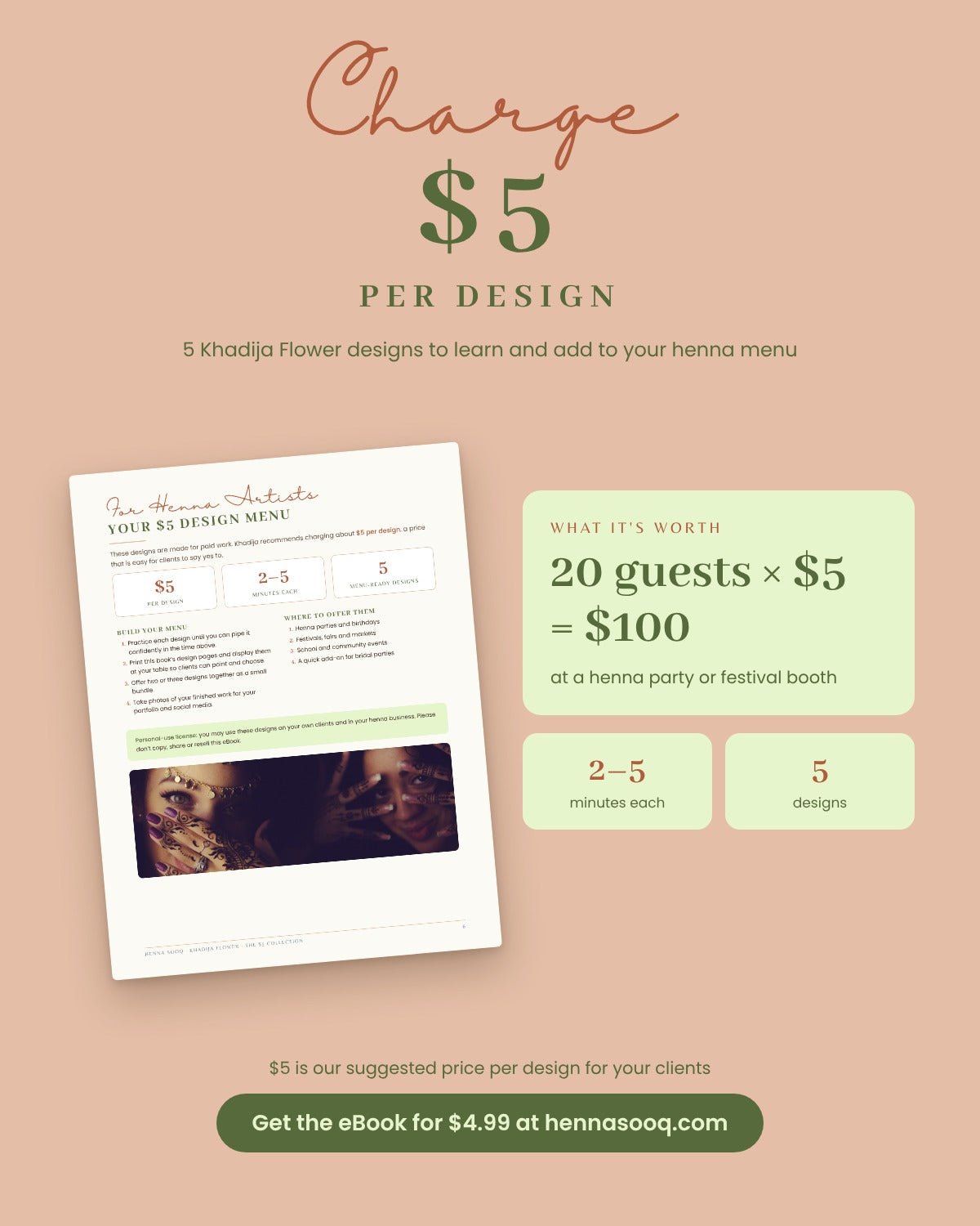 Khadija Flower $5 Designs: 5 Henna Designs to Charge $5 Each (eBook) - Henna Sooq